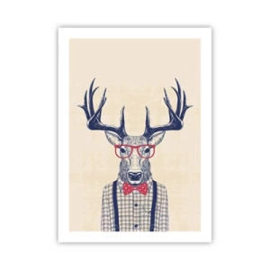 Poster - Cervo elegante con occhiali e papillon su sfondo beige - 50x70cm - Divertente stravaganza - Decorazione murale moderna per soggiorno e camera da letto ARTTOR