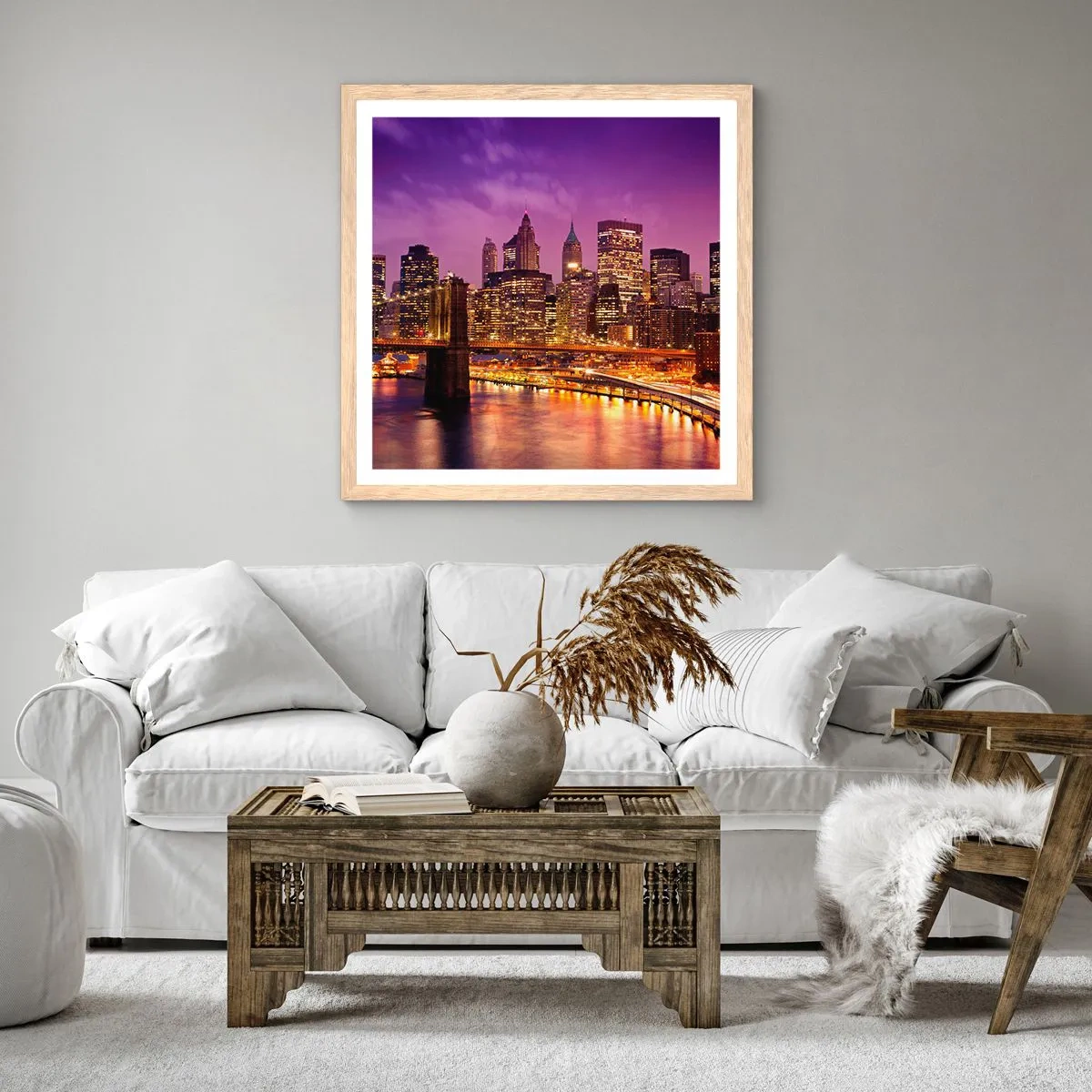 Poster in cornice rovere chiaro - Manhattan in viola e oro - 30x30 cm