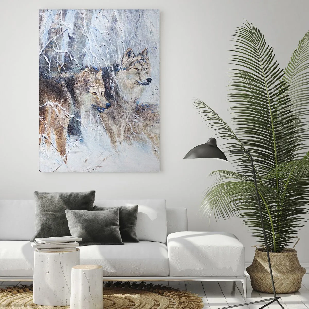 Quadro su vetro - Lupi in una foresta invernale contro uno sfondo innevato - 80x120cm - Attenzione! In arrivo... - Decorazione murale moderna per soggiorno e camera da letto ARTTOR