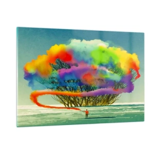 Quadro su vetro - Un'esplosione colorata di fumo sullo sfondo di un albero solitario. - 120x80cm - Ravvivando questo mondo - Decorazione murale moderna per soggiorno e camera da letto ARTTOR