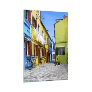 Quadro su vetro - Una strada colorata con biciclette tra edifici pastello - 80x120cm - Un dolce angolo color pastello - Decorazione murale moderna per soggiorno e camera da letto ARTTOR