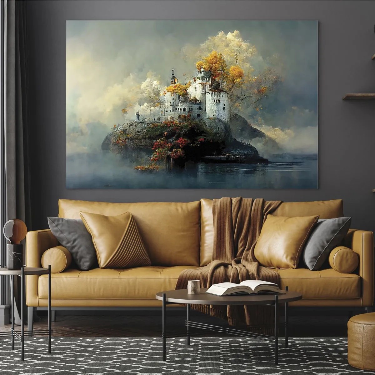 Quadro su vetro - Un castello su una roccia circondato da nebbia e alberi autunnali - 100x70cm - Inizio di una storia romantica - Decorazione murale moderna per soggiorno e camera da letto ARTTOR