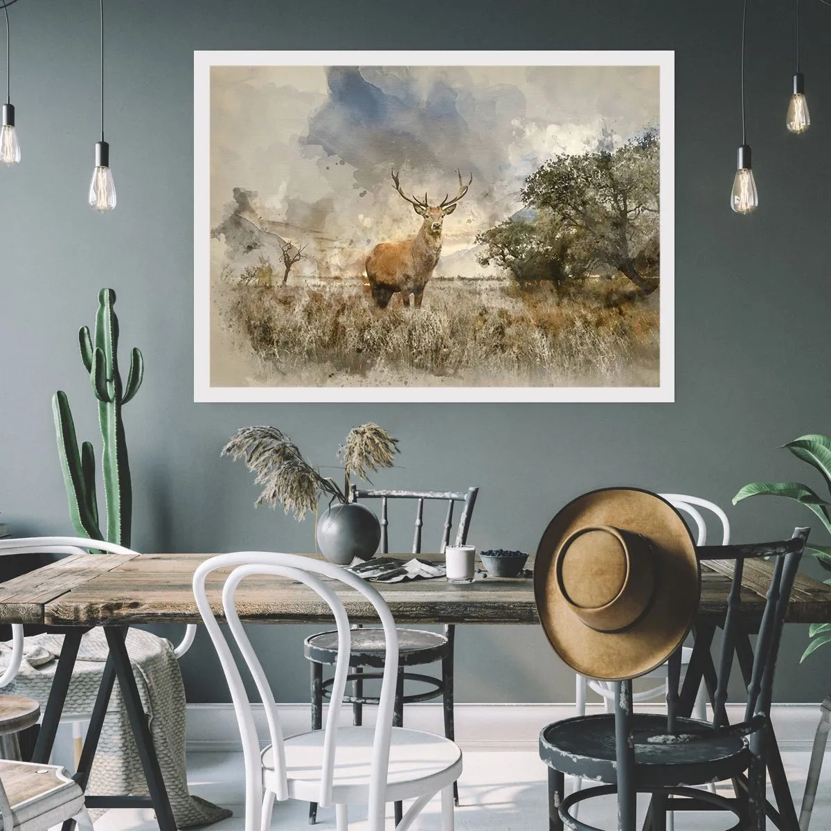 Poster - Un cervo in un ambiente naturale in stile acquerello - 100x70cm - Dignità - forza - maestosità - Decorazione murale moderna per soggiorno e camera da letto ARTTOR