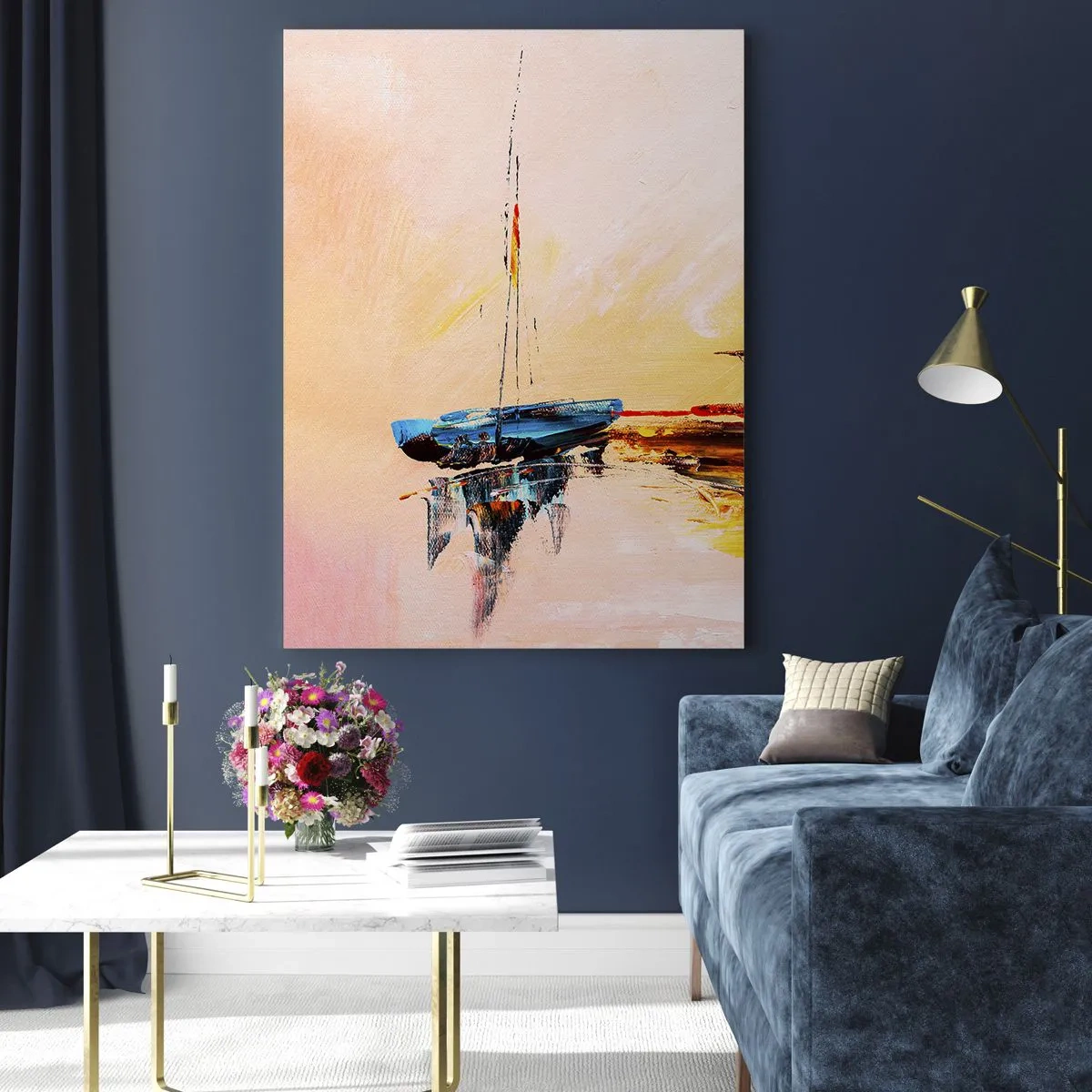 Quadro su vetro - Barche colorate ormeggiate sullo sfondo di un tramonto impressionante - 50x70cm - La sera sul molo - Decorazione murale moderna per soggiorno e camera da letto ARTTOR