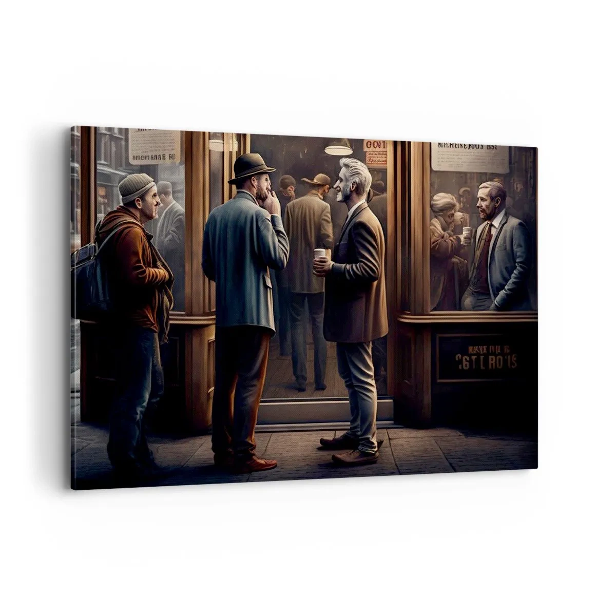 Quadro su tela - Stampe su Tela - Scena di strada con persone davanti a un caffè retrò - 100x70cm - Il buon momento della giornata - Decorazione murale moderna per soggiorno e camera da letto ARTTOR