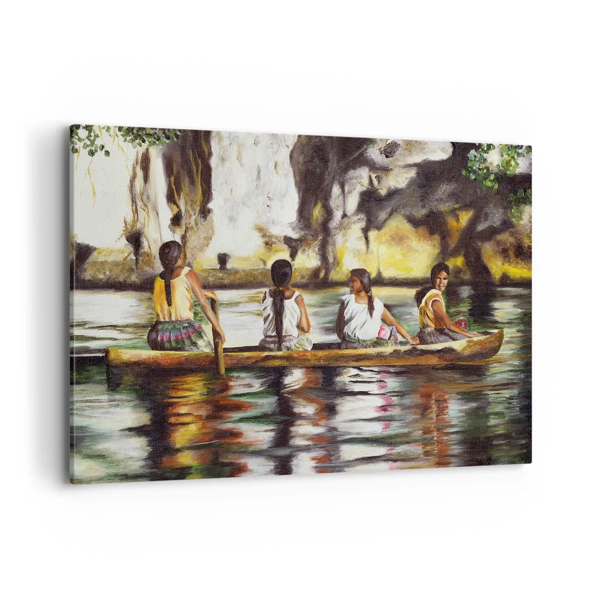 Quadro su tela - Stampe su Tela - Donne in barca su un fiume calmo con uno sfondo pittoresco - 100x70cm - Nel paradiso della Polinesia - Decorazione murale moderna per soggiorno e camera da letto ARTTOR