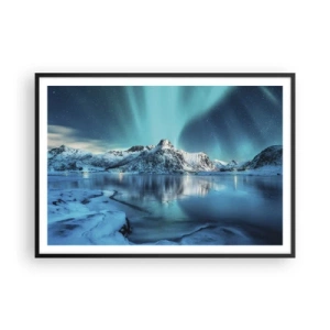 Poster in cornice nera - Aurora boreale su montagne innevate e un lago - 100x70cm - Notte di luce - Decorazione murale moderna per soggiorno e camera da letto ARTTOR