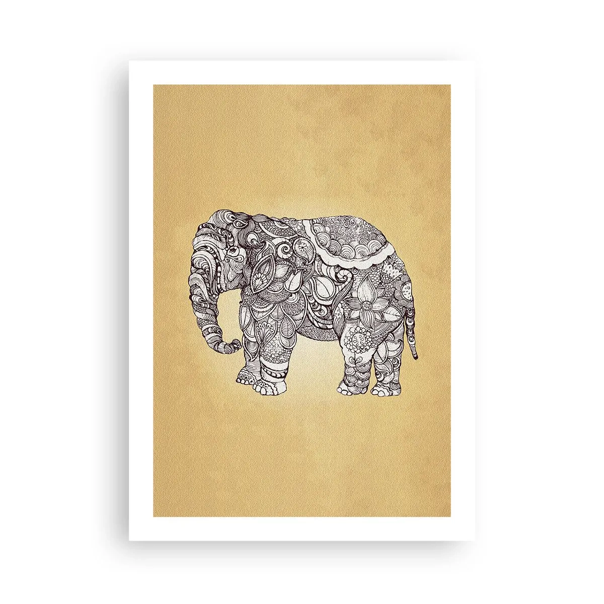 Poster - Illustrazione decorativa di un elefante con intricati ornamenti su sfondo dorato - 50x70cm - L'elefante nascosto - Decorazione murale moderna per soggiorno e camera da letto ARTTOR
