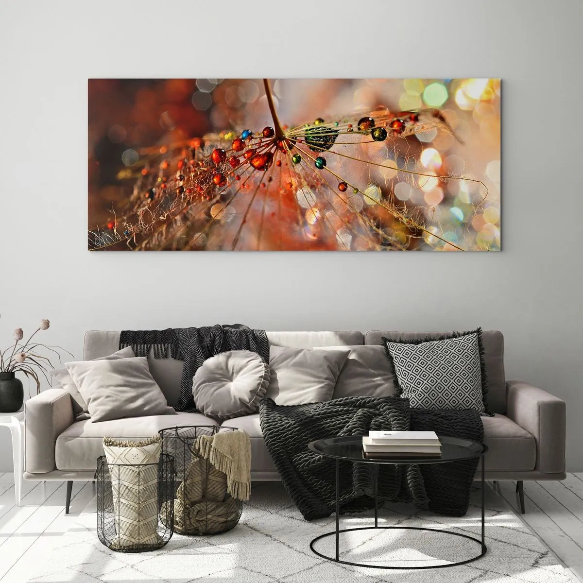 Quadro su vetro - Macrofotografia di una goccia d'acqua su una pianta delicata - 120x50cm - Posate sulla ragnatela - Decorazione murale moderna per soggiorno e camera da letto ARTTOR