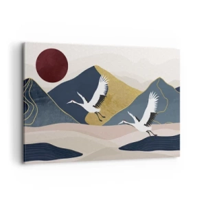 Quadro su tela - Stampe su Tela - Gru in volo sullo sfondo di montagne e un sole rosso - 120x80cm - E la giornata è nuovamente VOLATA - Decorazione murale moderna per soggiorno e camera da letto ARTTOR