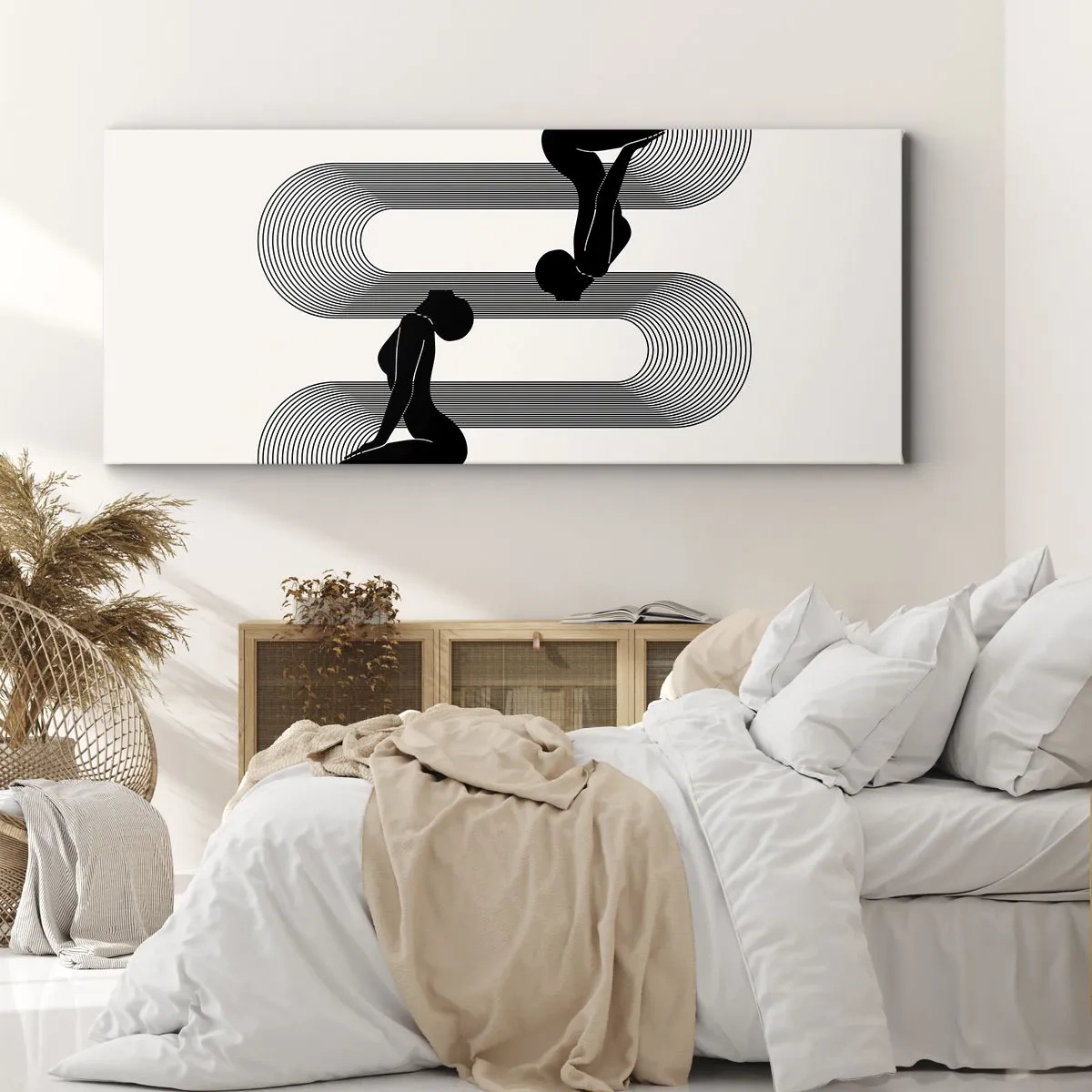 Quadro su tela - Stampe su Tela - Sagome nere con linee geometriche su sfondo chiaro - 120x50cm - Simmetria sensuale - Decorazione murale moderna per soggiorno e camera da letto ARTTOR