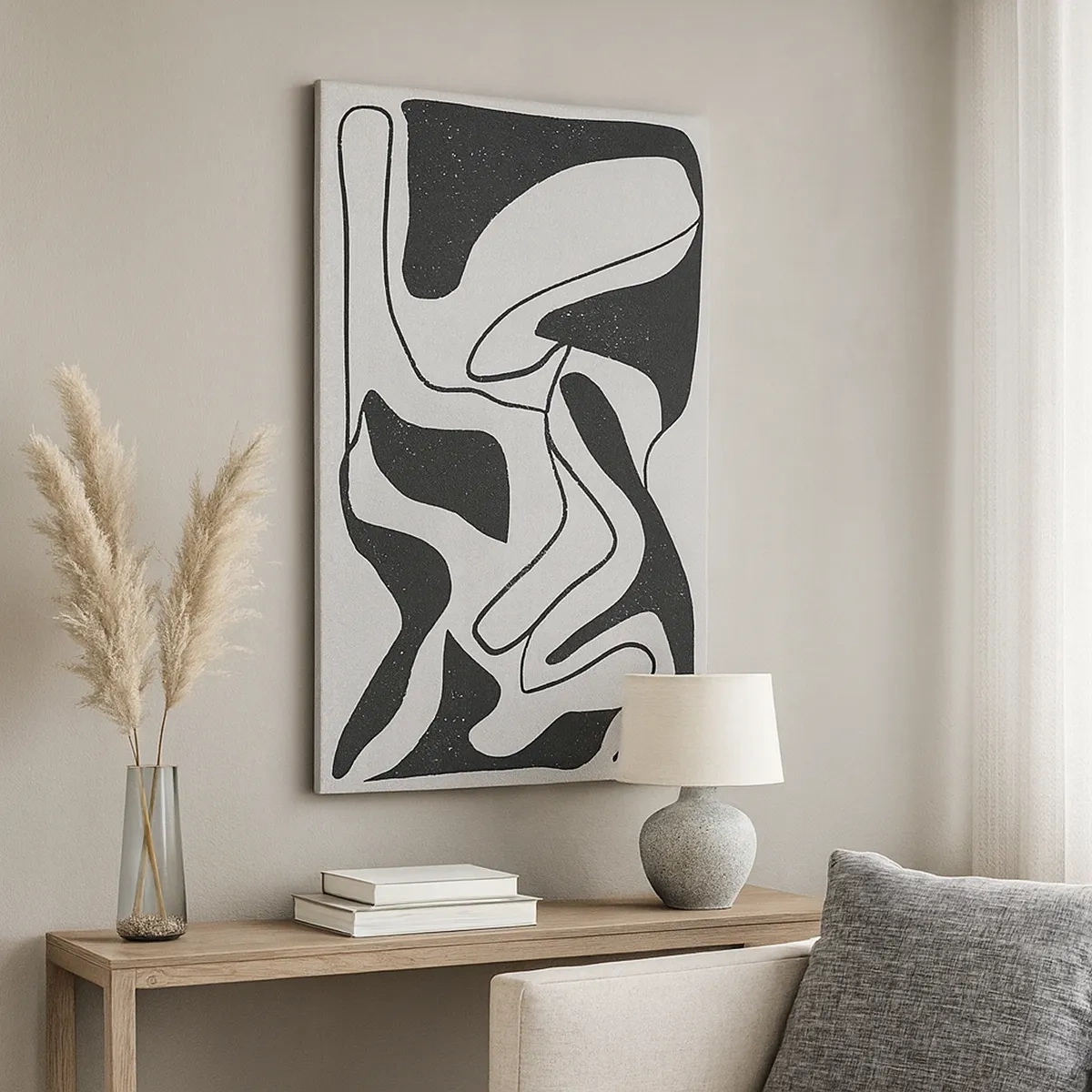 Quadro su tela - Stampe su Tela - Astrazione in bianco e nero con forme organiche - 50x70cm - Gioco astratto nel labirinto - Decorazione murale moderna per soggiorno e camera da letto ARTTOR