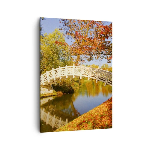 Quadro su tela - Stampe su Tela - Un ponte in un parco circondato da foglie autunnali su acque calme - 50x70cm - Sul bianco ponticello dei sospiri - Decorazione murale moderna per soggiorno e camera da letto ARTTOR