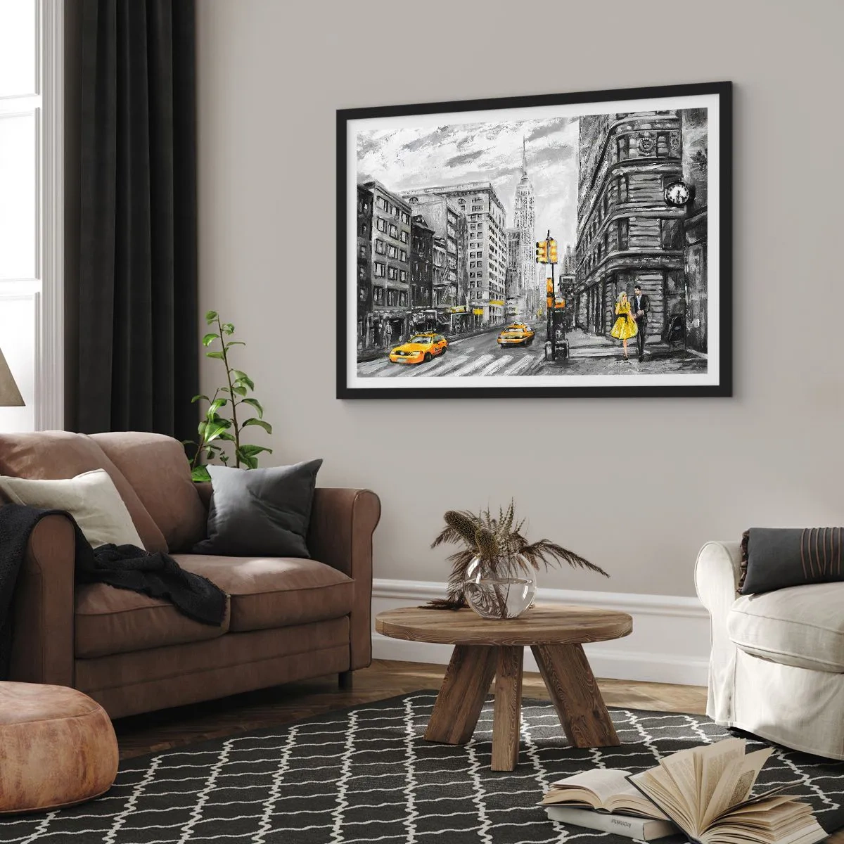 Poster in cornice nera - Strada di New York con accenti gialli - 70x50cm - Racconto di New York - Decorazione murale moderna per soggiorno e camera da letto ARTTOR