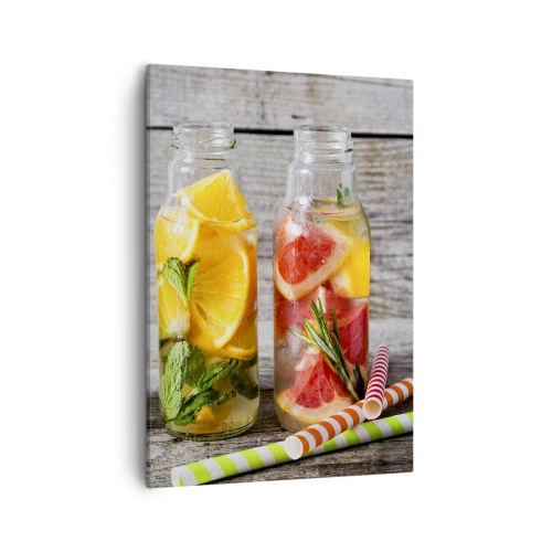 Quadro su tela - Stampe su Tela - Bottiglie di acqua alla frutta ed erbe aromatiche su uno sfondo di legno - 50x70cm - Sani di natura - Decorazione murale moderna per soggiorno e camera da letto ARTTOR