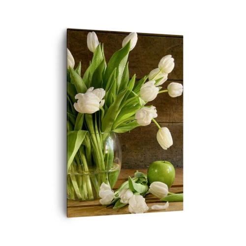 Quadro su tela - Stampe su Tela - Un bouquet di tulipani bianchi in un vaso di vetro con mele verdi - 70x100cm - Freschezza in verde e bianco - Decorazione murale moderna per soggiorno e camera da letto ARTTOR