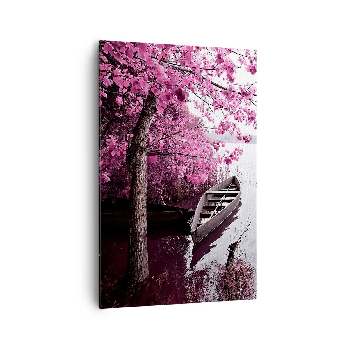Quadro su tela - Stampe su Tela - Una barca sulla riva di un lago tra alberi rosa - 80x120cm - Nel silenzio rosa - Decorazione murale moderna per soggiorno e camera da letto ARTTOR