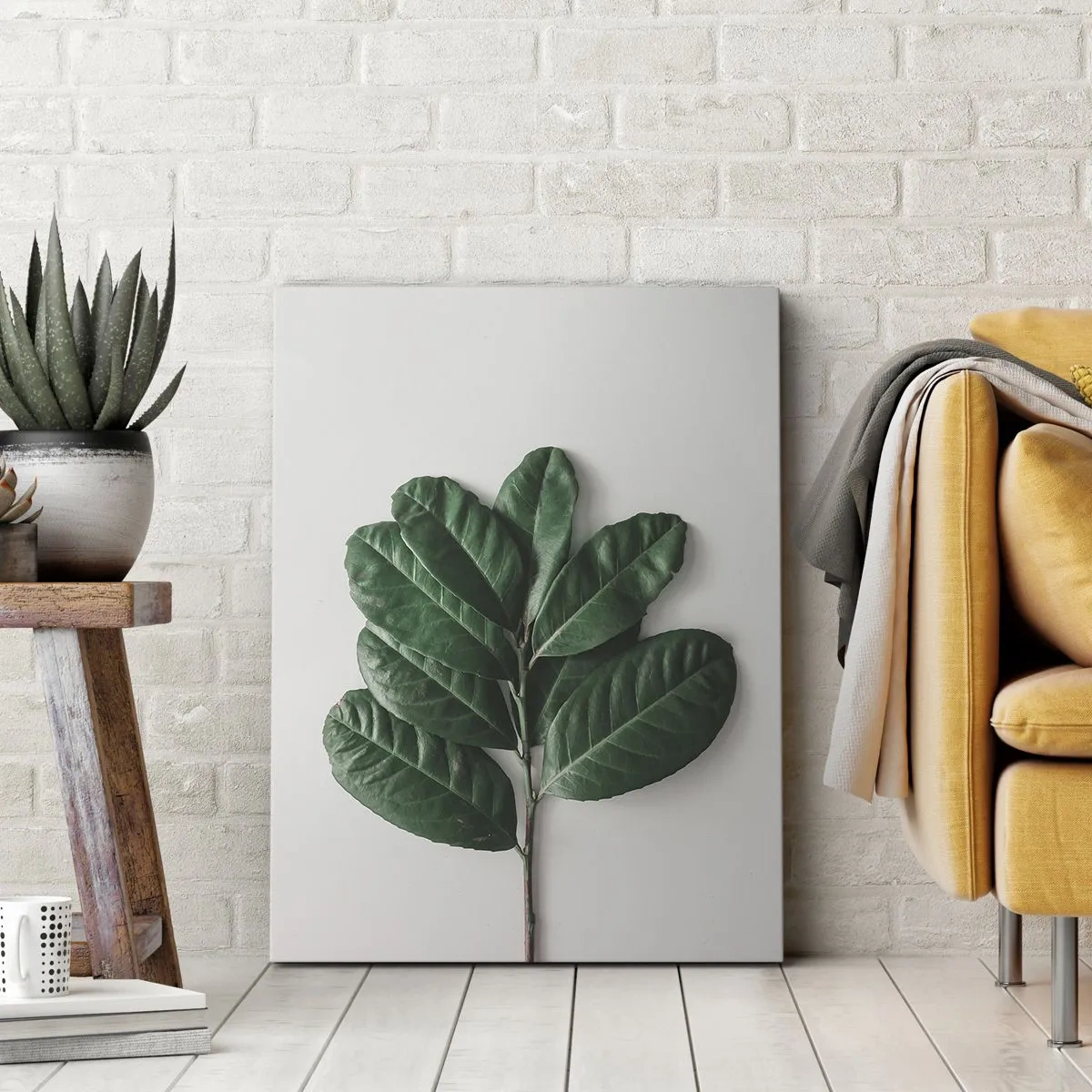 Quadro su tela - Stampe su Tela - Un rametto di foglie verdi su uno sfondo chiaro - 50x70cm - Il disegno della natura stessa - Decorazione murale moderna per soggiorno e camera da letto ARTTOR