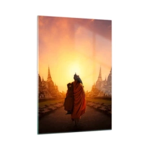 Quadro su vetro - Un monaco sullo sfondo del tramonto e dei templi in Asia - 50x70cm - In pace per l'eternità - Decorazione murale moderna per soggiorno e camera da letto ARTTOR