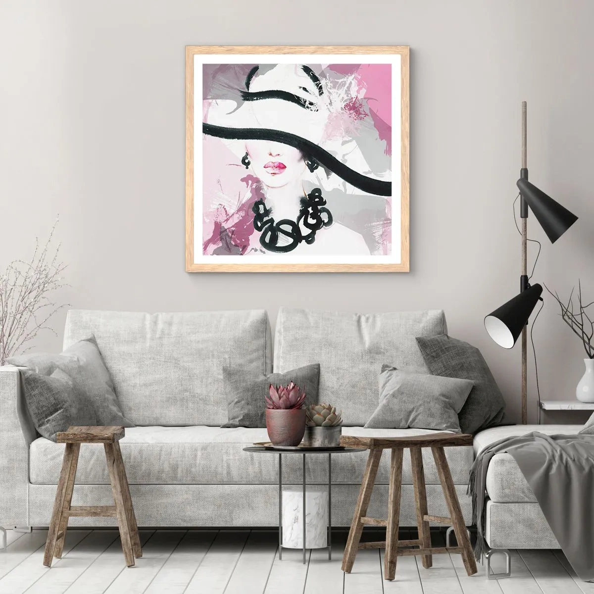 Poster in cornice rovere chiaro - Ritratto di donna in nero e rosa - 40x40 cm