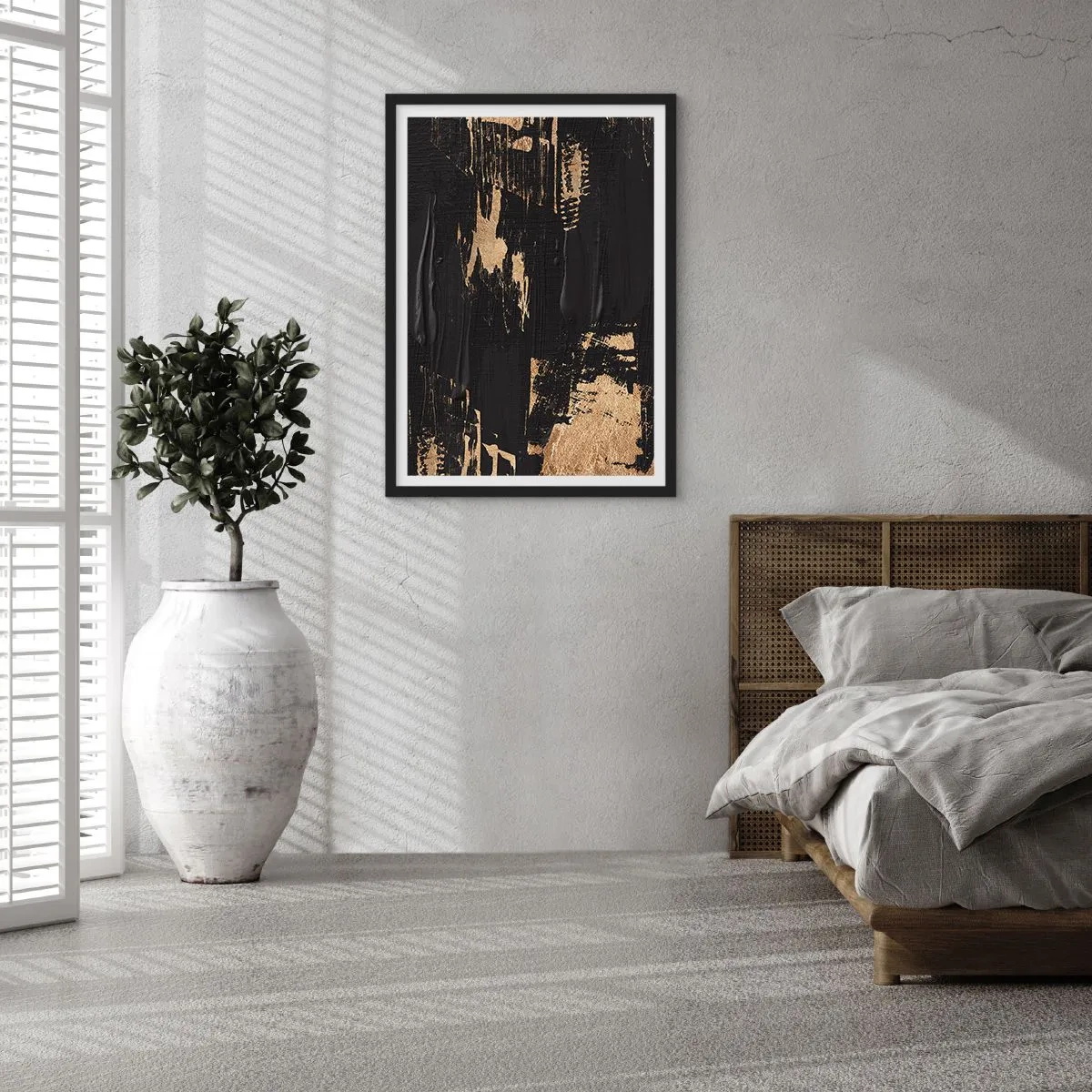 Poster in cornice nera - Composizione di pittura astratta in nero e oro - 50x70cm - Tracce del contatto - Decorazione murale moderna per soggiorno e camera da letto ARTTOR