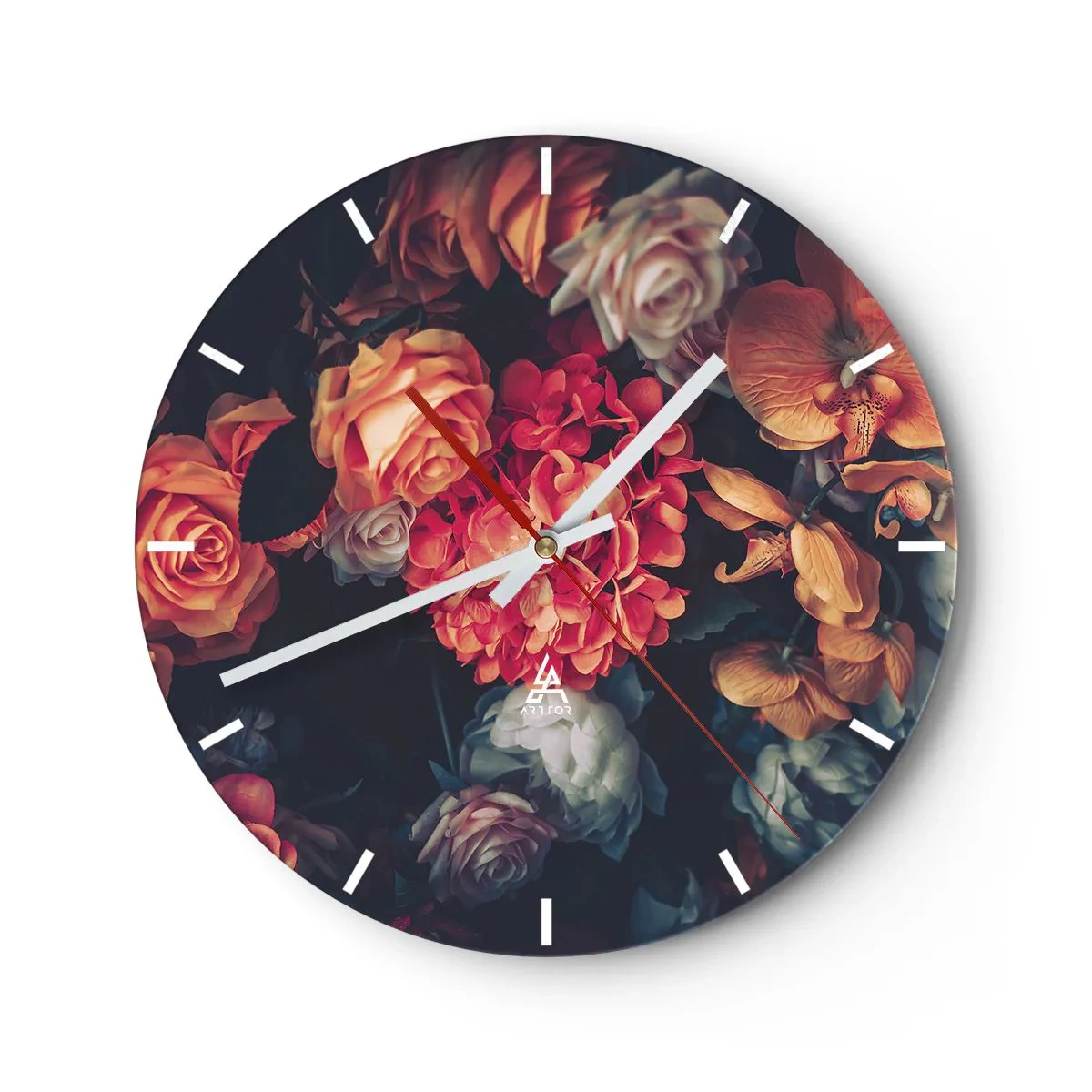 Orologio da parete - Orologio in Vetro - Composizione floreale in stile barocco su sfondo scuro - 30x30cm - Come i maestri olandesi - Decorazione murale moderna per soggiorno, cucina e camera da letto ARTTOR