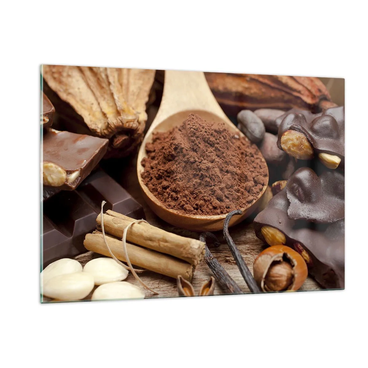 Quadro su vetro - Un cucchiaio di cacao circondato da cioccolato, spezie e noci - 120x80cm - Ideale per i momenti di tristezza - Decorazione murale moderna per soggiorno e camera da letto ARTTOR