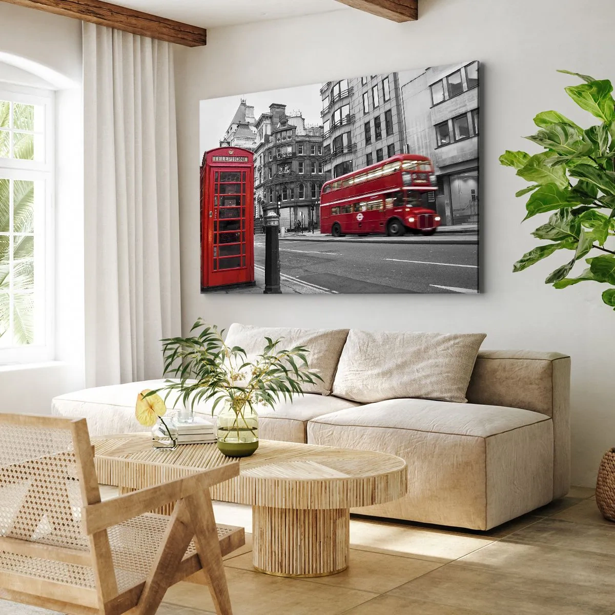 Quadro su tela - Stampe su Tela - Una cabina telefonica rossa e un autobus a due piani a Londra con la città sullo sfondo - 100x70cm - Il più rosso d'Europa - Decorazione murale moderna per soggiorno e camera da letto ARTTOR