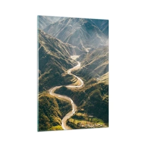 Quadro su vetro - Un paesaggio montano con una strada tortuosa tra verdi colline - 80x120cm - Direttamente dal cuore dei monti - Decorazione murale moderna per soggiorno e camera da letto ARTTOR