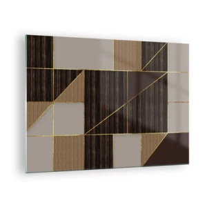 Quadro su vetro - Mosaico astratto con elementi marroni e dorati - 70x50cm - Mosaico di marrone e oro - Decorazione murale moderna per soggiorno e camera da letto ARTTOR