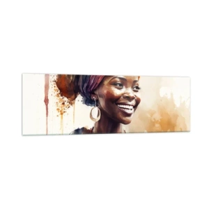 Quadro su vetro - Ritratto di una donna sorridente con una sciarpa colorata in acquerello - 160x50cm - Regina africana - Decorazione murale moderna per soggiorno e camera da letto ARTTOR