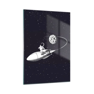 Quadro su vetro - Astronauta dei cartoni animati che fa surf nello spazio su un razzo - 50x70cm - Surfista spaziale - Decorazione murale moderna per soggiorno e camera da letto ARTTOR