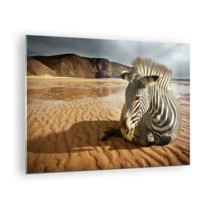 Quadro su vetro - Una zebra che riposa sulla spiaggia al tramonto - 70x50cm - Fatti l'uno per l'altra - Decorazione murale moderna per soggiorno e camera da letto ARTTOR