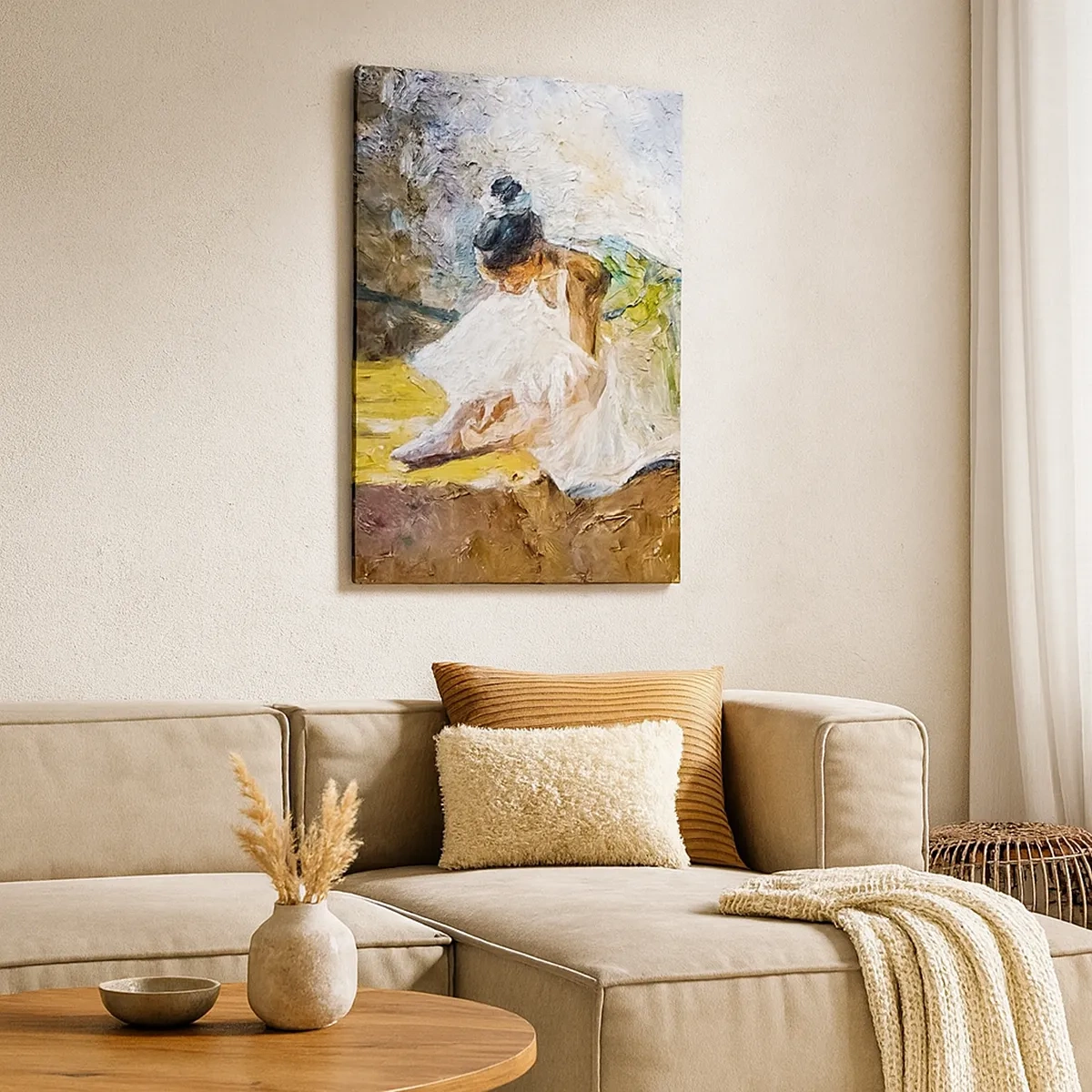 Quadro su tela - Stampe su Tela - Una ballerina in abito bianco in stile pittorico su uno sfondo impressionista. - 50x70cm - Dal quadro di Degas - Decorazione murale moderna per soggiorno e camera da letto ARTTOR