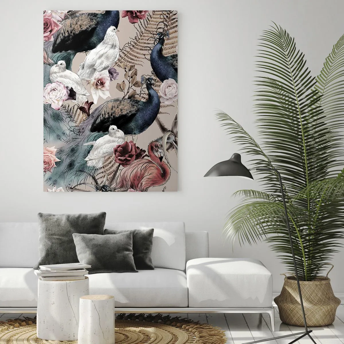 Quadro su vetro - Un paesaggio con piume di pavone, rose e uccelli in stile romantico. - 70x100cm - Nel giardino del palazzo - Decorazione murale moderna per soggiorno e camera da letto ARTTOR