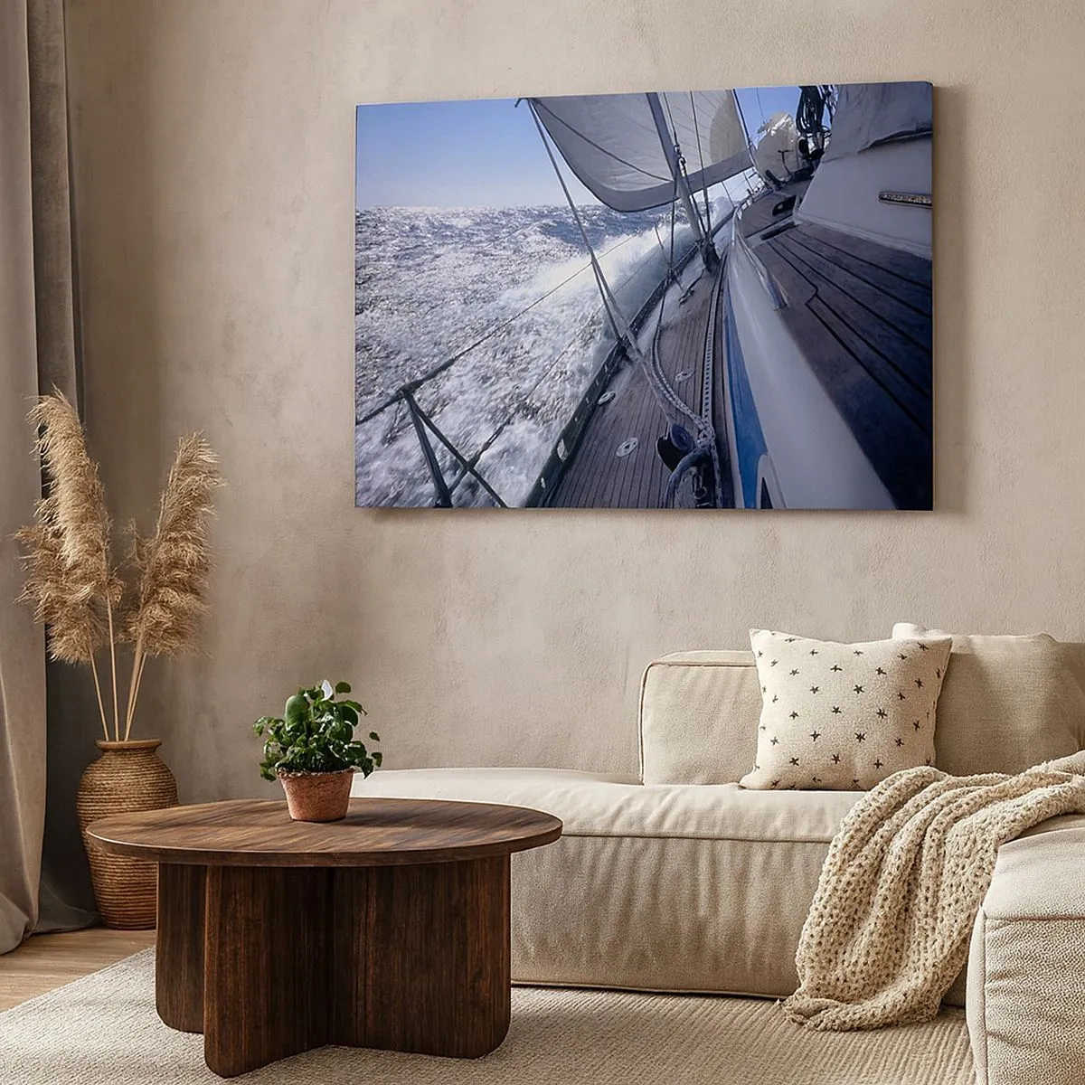 Quadro su tela - Stampe su Tela - Una barca a vela in un mare in tempesta con vele bianche e un ponte di legno. - 70x50cm - So cosa vuol dire volare - Decorazione murale moderna per soggiorno e camera da letto ARTTOR