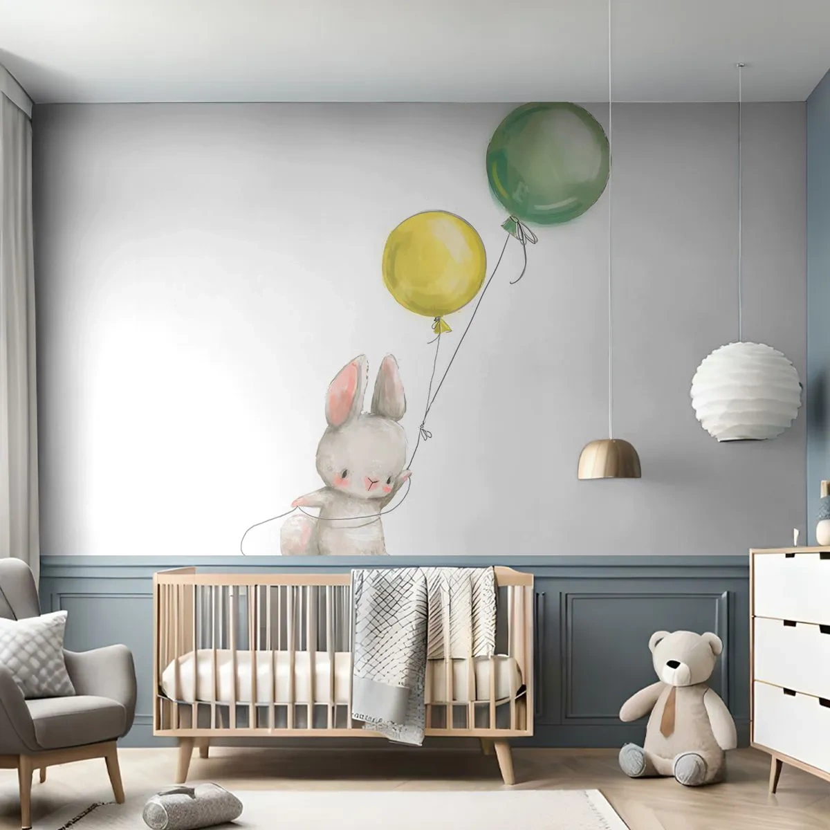 Fotomurali Autoadesivo Deluxe Sticker - Volo anch'io! - Per bambini, Coniglio, Palloncini colorati - 300x210 cm