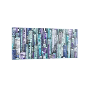 Quadro su vetro - Illustrazione di una città con edifici geometrici nelle tonalità del blu e del viola. - 120x50cm - Bluastri dal cielo - Decorazione murale moderna per soggiorno e camera da letto ARTTOR