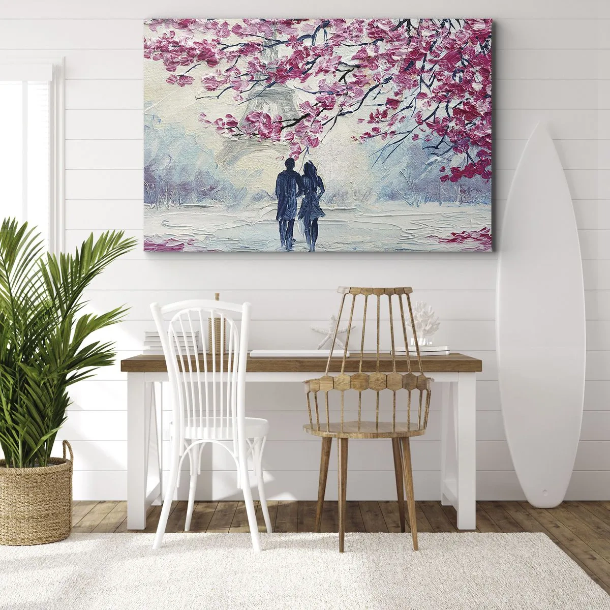 Quadro su tela - Stampe su Tela - Una coppia sotto alberi rosa in fiore in un ambiente romantico - 70x50cm - Passeggiata romantica - Decorazione murale moderna per soggiorno e camera da letto ARTTOR