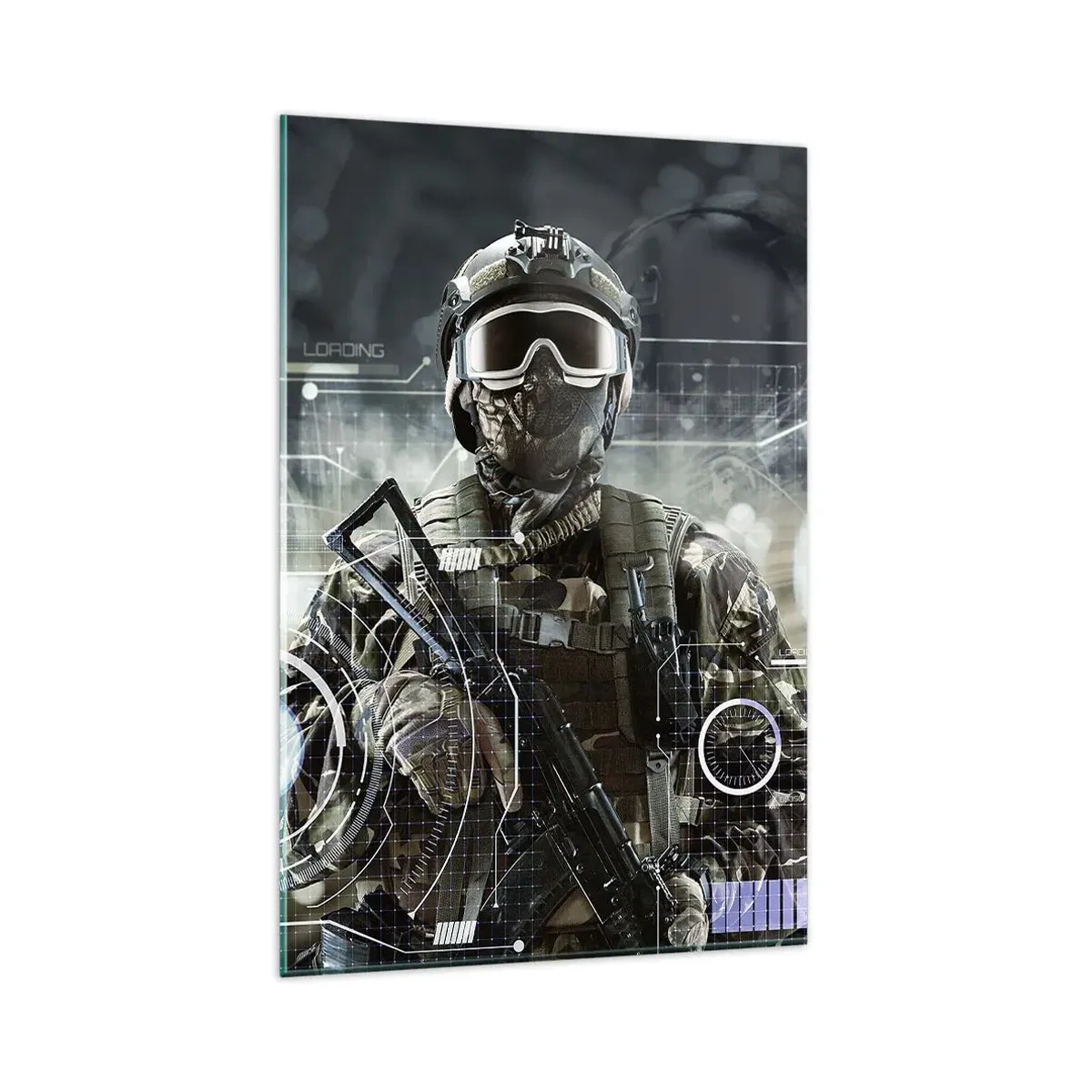 Quadro su vetro - Un soldato con un casco futuristico e una pistola sullo sfondo della tecnologia. - 80x120cm - Potenza al quadrato - Decorazione murale moderna per soggiorno e camera da letto ARTTOR