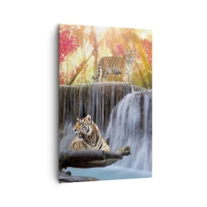Quadro su tela - Stampe su Tela - Tigri presso una cascata nella foresta autunnale - 80x120cm - Paesaggio surreale - Decorazione murale moderna per soggiorno e camera da letto ARTTOR