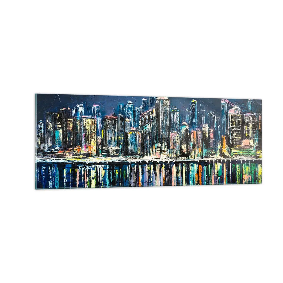 Quadro su vetro - Panorama della città notturna riflessa nell'acqua - 140x50cm - Cascata di luci - Decorazione murale moderna per soggiorno e camera da letto ARTTOR