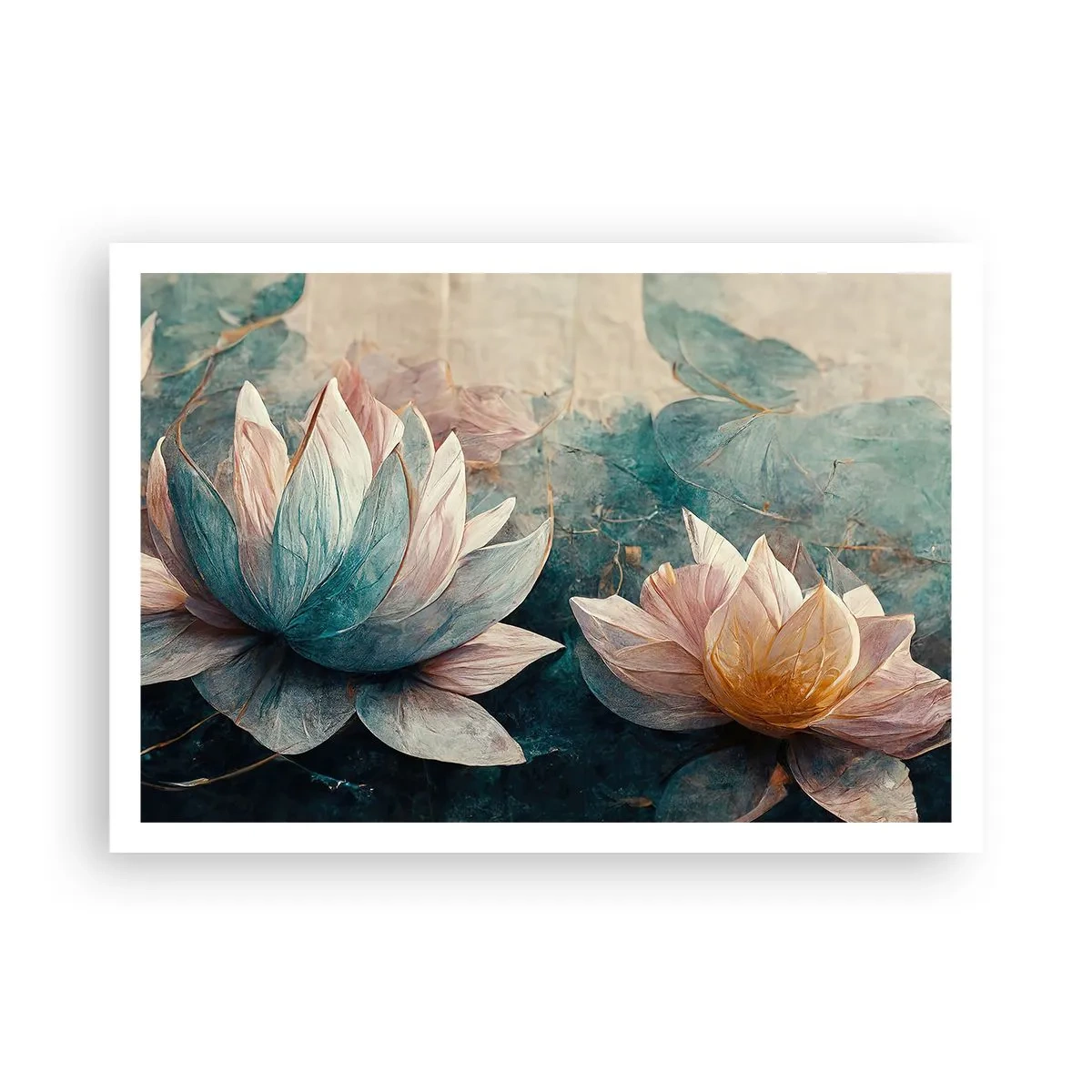 Poster - Delicate ninfee in tonalità pastello di blu e oro - 100x70cm - Le stelle del lago - Decorazione murale moderna per soggiorno e camera da letto ARTTOR