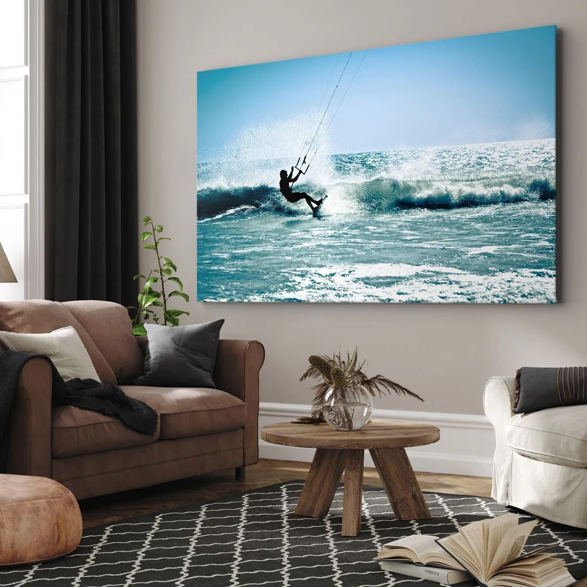 Quadro su tela - Stampe su Tela - Kitesurfer cavalca un'onda in pieno sole - 120x80cm - Fatti sollevare - Decorazione murale moderna per soggiorno e camera da letto ARTTOR