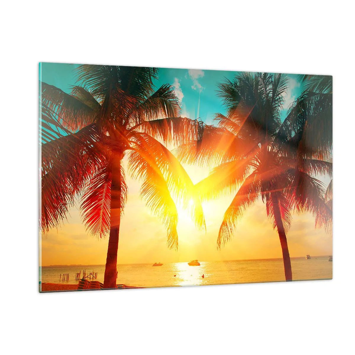 Quadro su vetro - Palme illuminate dal sole su una spiaggia tropicale - 120x80cm - Coppia esotica - Decorazione murale moderna per soggiorno e camera da letto ARTTOR