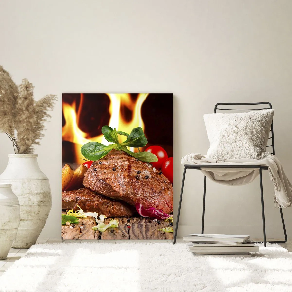 Quadro su vetro - Bistecca alla griglia con contorni sullo sfondo delle fiamme - 80x120cm - Incantate dal fuoco - Decorazione murale moderna per soggiorno e camera da letto ARTTOR