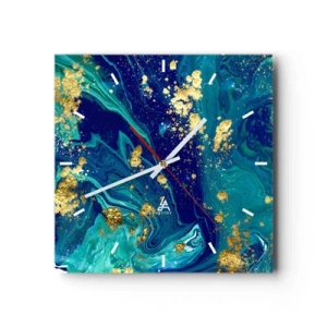 Orologio da parete - Orologio in Vetro - Una composizione astratta con accenti blu, verdi e dorati. - 30x30cm - Petali di sole - Decorazione murale moderna per soggiorno e camera da letto ARTTOR