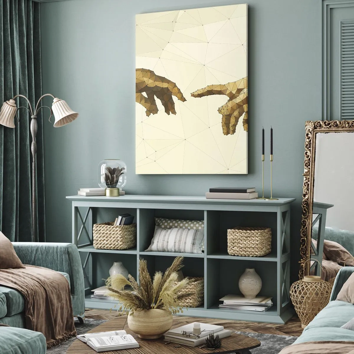 Quadro su tela - Stampe su Tela - Mani geometriche che si protendono l'una verso l'altra su uno sfondo chiaro - 70x100cm - Geometria divina - Decorazione murale moderna per soggiorno e camera da letto ARTTOR