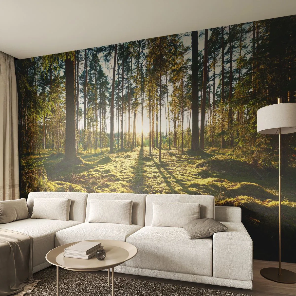 Fotomurali Premium Sand - Foresta soleggiata con muschio verde e lunghe ombre degli alberi - 100x70cm - …dopo sette foreste - Decorazione murale moderna per soggiorno e camera da letto ARTTOR