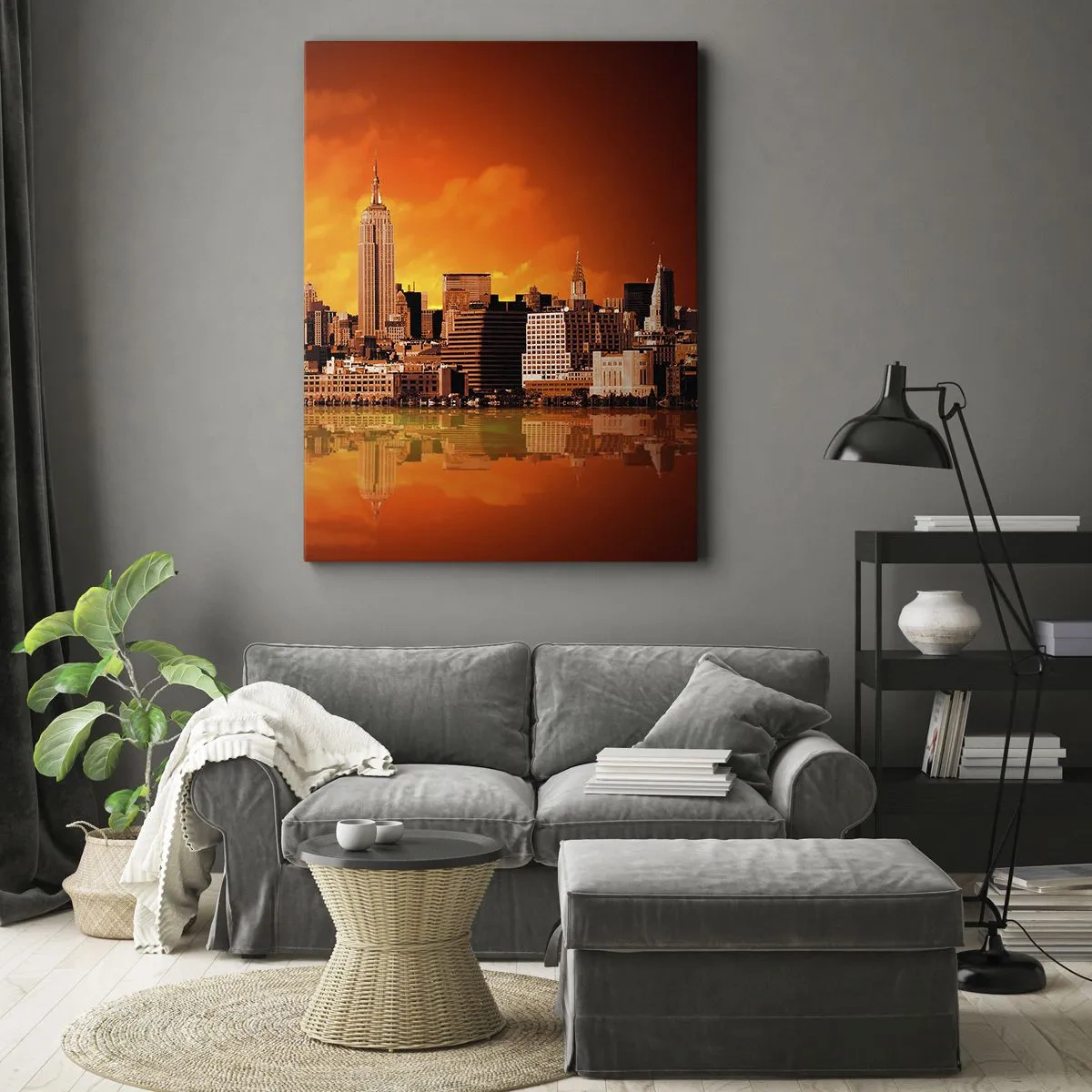 Quadro su tela - Stampe su Tela - Panorama della città al tramonto con gli edifici riflessi nell'acqua - 50x70cm - Panorama di grande città in giallo e marrone - Decorazione murale moderna per soggiorno e camera da letto ARTTOR